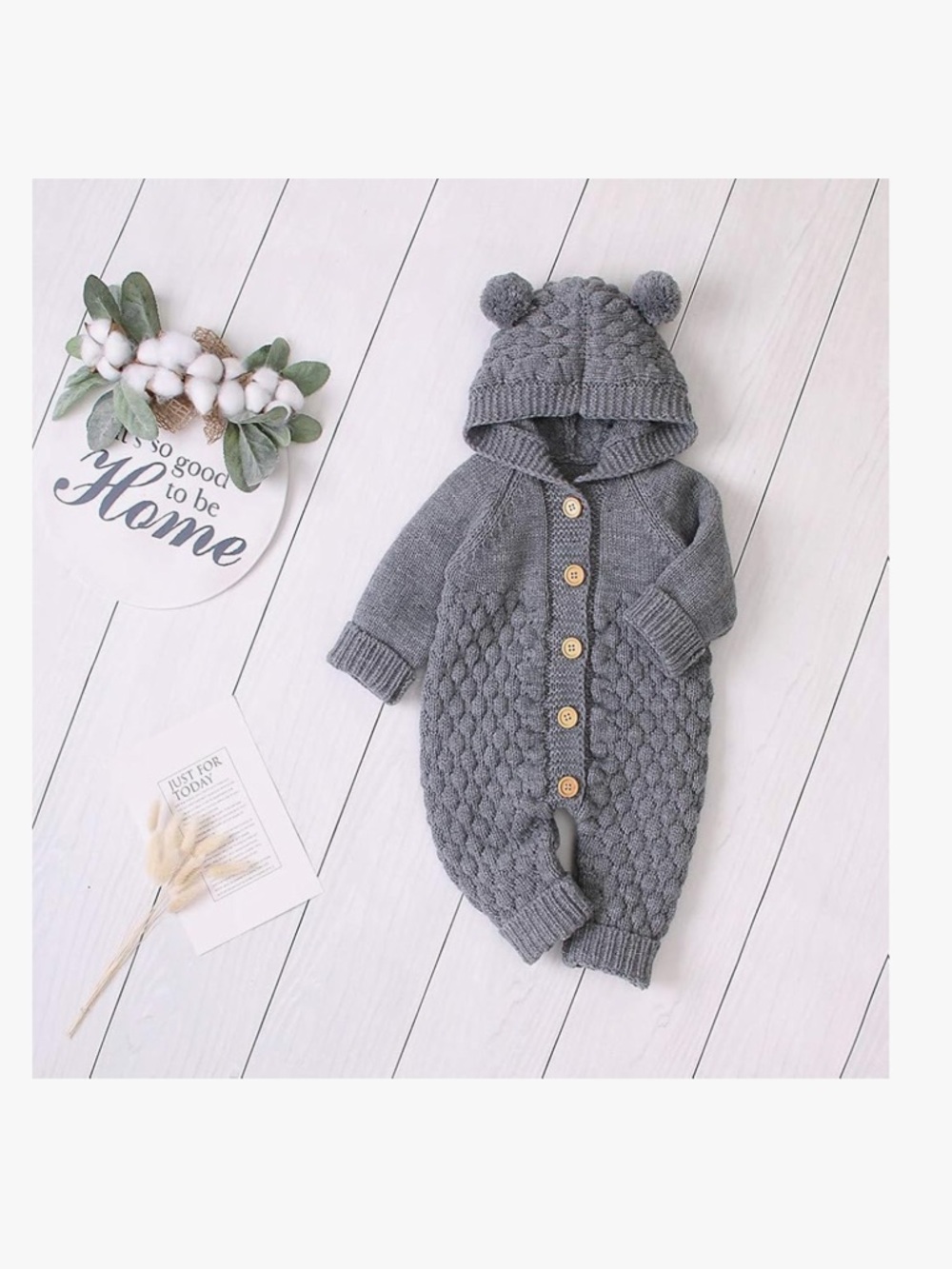Cozy Knit Baby Bear Romper with Hood and Pom Ears - Gray (0-6m)*